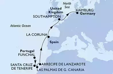 Funchal,Santa Cruz de Tenerife,Las Palmas de G.Canaria,Arrecife de Lanzarote,La Coruna,Southampton,Hamburg