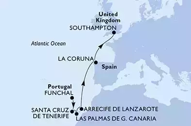 Funchal,Santa Cruz de Tenerife,Las Palmas de G.Canaria,Arrecife de Lanzarote,La Coruna,Southampton