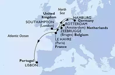 Southampton,Hamburg,Zeebrugge,Rotterdam,Le Havre,Lisbon