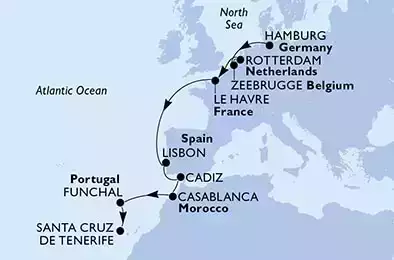 Hamburg,Zeebrugge,Rotterdam,Le Havre,Lisbon,Cadiz,Casablanca,Funchal,Santa Cruz de Tenerife