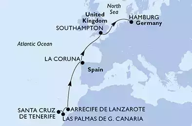 Santa Cruz de Tenerife,Las Palmas de G.Canaria,Arrecife de Lanzarote,La Coruna,Southampton,Hamburg