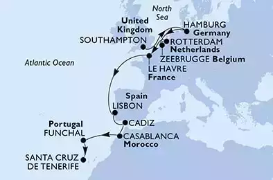 Southampton,Hamburg,Zeebrugge,Rotterdam,Le Havre,Lisbon,Cadiz,Casablanca,Funchal,Santa Cruz de Tenerife