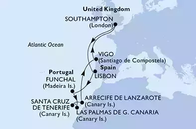 Southampton,Lisbon,Funchal,Las Palmas de G.Canaria,Santa Cruz de Tenerife,Arrecife de Lanzarote,Vigo,Southampton