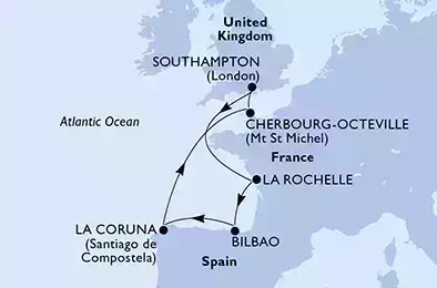 Southampton,La Rochelle,Bilbao,La Coruna,Cherbourg,Southampton