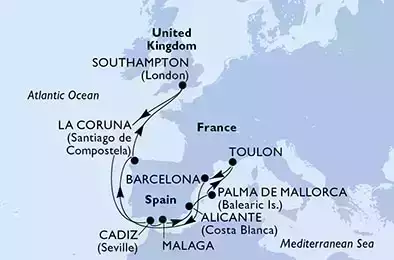 Southampton,Cadiz,Malaga,Alicante,Palma de Mallorca,Toulon,Barcelona,La Coruna,Southampton