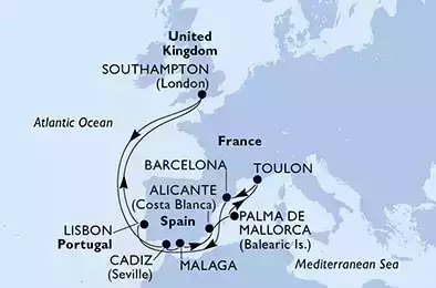 Southampton,Cadiz,Malaga,Alicante,Palma de Mallorca,Toulon,Barcelona,Lisbon,Southampton