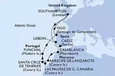 Southampton,Lisbon,Cadiz,Casablanca,Arrecife de Lanzarote,Las Palmas de G.Canaria,Santa Cruz de Tenerife,Funchal,Vigo,Southampton