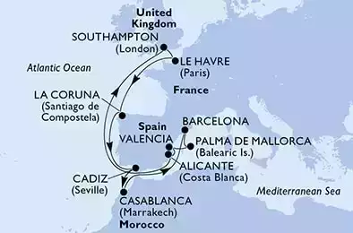 Southampton,Le Havre,La Coruna,Cadiz,Casablanca,Barcelona,Palma de Mallorca,Valencia,Alicante,Southampton