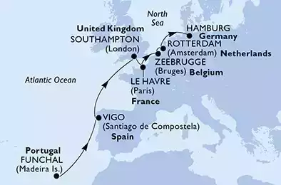 Funchal,Vigo,Southampton,Le Havre,Zeebrugge,Rotterdam,Hamburg Cruise Parade,Hamburg
