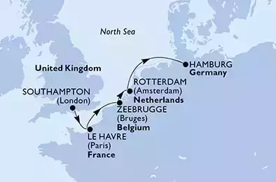 Southampton,Le Havre,Zeebrugge,Rotterdam,Hamburg Cruise Parade,Hamburg