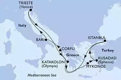 MSC SPLENDIDA - Itinerario di 9 notti partendo da BARI il 20/09/2023 - Italia, Grecia, Turchia