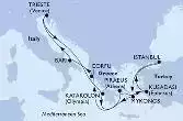 Istanbul,Mykonos,Mykonos,Corfu,Bari,Trieste,Katakolon,Piraeus,Kusadasi,Istanbul