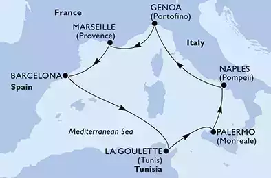 MSC GRANDIOSA - Itinerario di 7 notti partendo da NAPOLI il 29/04/2023 - Naples,Genoa,Marseille,Barcelona,La Goulette,Palermo,Naples