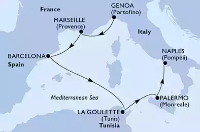 Genoa,Marseille,Barcelona,La Goulette,Palermo,Naples