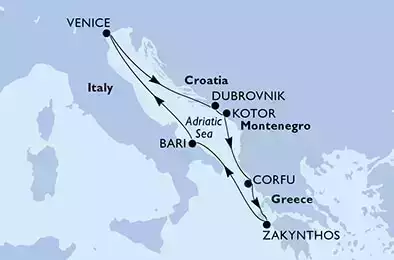 MSC LIRICA - Itinerario di 7 notti partendo da BARI il 17/09/2023 - Italia, Croazia, Montenegro, Grecia