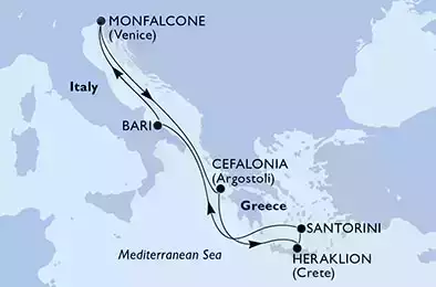 Bari,Monfalcone,Cefalonia,Heraklion,Santorini,Bari