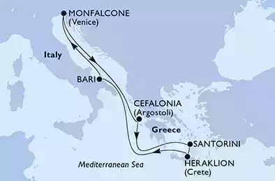 Bari,Monfalcone,Cefalonia,Santorini,Heraklion,Bari