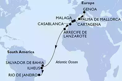 Genoa,Palma de Mallorca,Cartagena,Malaga,Casablanca,Arrecife de Lanzarote,Salvador,Ilheus,Rio de Janeiro
