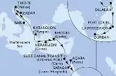 Bari,Zadar,Trieste,Katakolon,Heraklion,Rhodes,Suez Canal North,Suez Canal South,Sokhna Port,Safaga,Aqaba,Salalah,Port Louis,Port Louis,La Possession,Durban