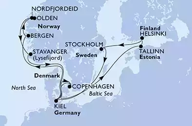 Helsinki,Stockholm,Kiel,Bergen,Nordfjordeid,Olden,Stavanger,Kiel,Copenhagen,Tallinn,Helsinki