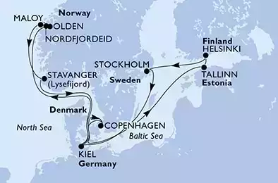 Stockholm,Kiel,Olden,Nordfjordeid,Maloy,Stavanger,Kiel,Copenhagen,Tallinn,Helsinki,Stockholm