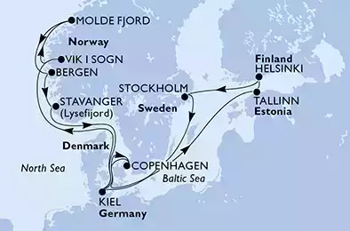 Stockholm,Kiel,Vik i Sogn,Molde Fjord,Bergen,Stavanger,Kiel,Copenhagen,Tallinn,Helsinki,Stockholm