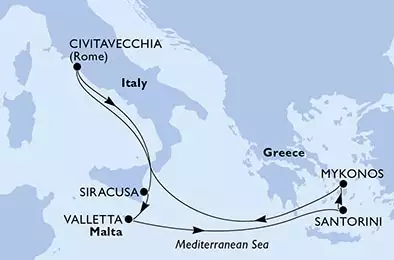MSC DIVINA - Itinerario di 7 notti partendo da SIRACUSA,  ITALIA il 29/06/2024 - Siracusa,Valletta,Santorini,Mykonos,Mykonos,Civitavecchia,Siracusa
