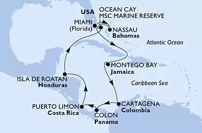 MSC DIVINA - Itinerario di 14 notti partendo da MIAMI, UNITED STATES il 14/01/2024 - Miami,Montego Bay,Cartagena,Colon,Puerto Limon,Isla de Roatan,Ocean Cay,Miami,Nassau,Ocean Cay,Miami