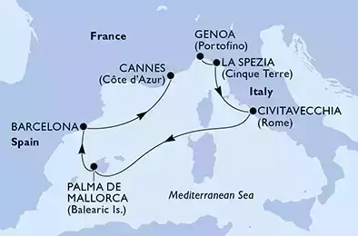 Genoa,La Spezia,Civitavecchia,Palma de Mallorca,Barcelona,Cannes