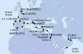 Southampton,Le Havre,Bilbao,La Coruna,Cadiz,Barcelona,Civitavecchia,Naples,Piraeus,Heraklion,Suez Canal North,Suez Canal South,Safaga,Aqaba,Muscat,Dubai