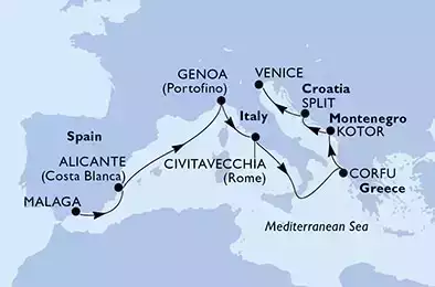 Malaga,Alicante,Genoa,Civitavecchia,Corfu,Kotor,Split,Venice