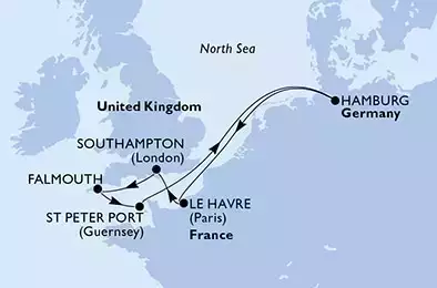 Le Havre,Southampton,Falmouth,St Peter Port,Hamburg,Le Havre