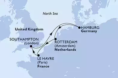 Southampton,Hamburg,Rotterdam,Rotterdam,Le Havre,Southampton
