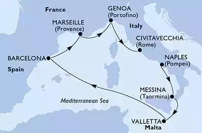 MSC WORLD EUROPA - Itinerario di 7 notti partendo da NAPOLI il 30/10/2023 - Naples,Messina,Valletta,Barcelona,Marseille,Genoa,Civitavecchia