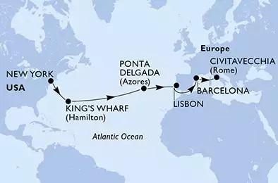 MSC DIVINA - Itinerario di 16 notti partendo da NEW YORK, UNITED STATES il 24/04/2024 - New York,New York,King's Wharf,King's Wharf,Ponta Delgada,Lisbon,Lisbon,Barcelona,Civitavecchia