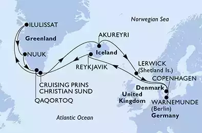 MSC POESIA - Itinerario di 21 notti partendo da WARNEMÜNDE, GERMANIA il 30/07/2023 - Germania, Islanda, Groenlandia, Regno Unito, Danimarca
