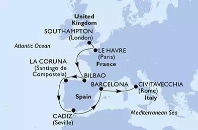 Southampton,Le Havre,Bilbao,La Coruna,Cadiz,Barcelona,Civitavecchia