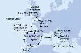 Southampton,Le Havre,Bilbao,La Coruna,Cadiz,Barcelona,Civitavecchia,Naples