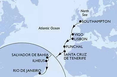 Southampton,Vigo,Lisbon,Funchal,Santa Cruz de Tenerife,Salvador,Ilheus,Rio de Janeiro