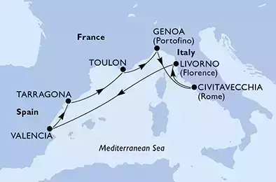 Genoa,Civitavecchia,Livorno,Valencia,Tarragona,Toulon,Genoa