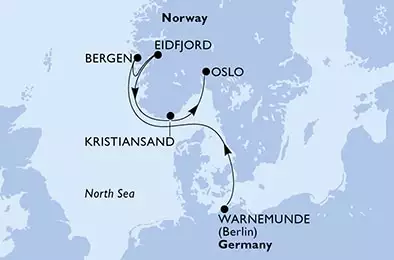 Warnemunde,Bergen,Eidfjord,Kristiansand,Oslo