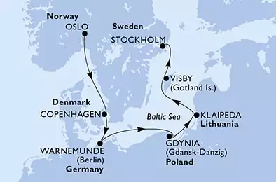 Oslo,Copenhagen,Warnemunde,Gdynia,Klaipeda,Visby,Stockholm