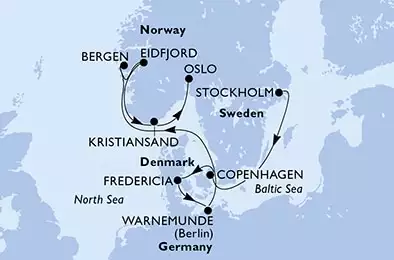 Stockholm,Copenhagen,Fredericia,Warnemunde,Bergen,Eidfjord,Kristiansand,Oslo