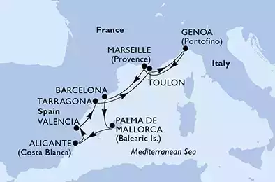 Genoa,Marseille,Barcelona,Palma de Mallorca,Alicante,Valencia,Tarragona,Toulon,Genoa