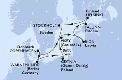 Copenhagen,Warnemunde,Gdynia,Visby,Riga,Tallinn,Helsinki,Stockholm,Stockholm,Copenhagen