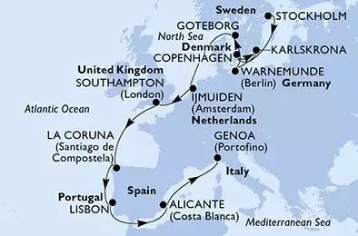 Stockholm,Copenhagen,Karlskrona,Warnemunde,Goteborg,IJmuiden,Southampton,La Coruna,Lisbon,Alicante,Genoa