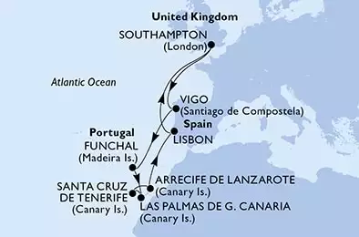 MSC VIRTUOSA - Itinerario di 12 notti partendo da SOUTHAMPTON, UNITED KINGDOM il 10/08/2024 - Southampton,Vigo,Funchal,Las Palmas de G.Canaria,Santa Cruz de Tenerife,Arrecife de Lanzarote,Lisbon,Southampton