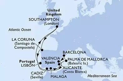 MSC VIRTUOSA - Itinerario di 14 notti partendo da SOUTHAMPTON, UNITED KINGDOM il 13/07/2024 - Southampton,La Coruna,Cadiz,Malaga,Alicante,Palma de Mallorca,Barcelona,Valencia,Lisbon,Southampton