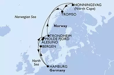 Hamburg,Bergen,Molde Fjord,Trondheim,Honningsvag,Tromso,Alesund,Hamburg