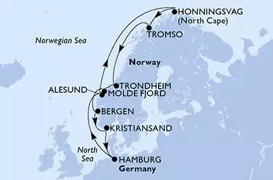 Hamburg,Alesund,Honningsvag,Tromso,Trondheim,Molde Fjord,Bergen,Kristiansand,Hamburg